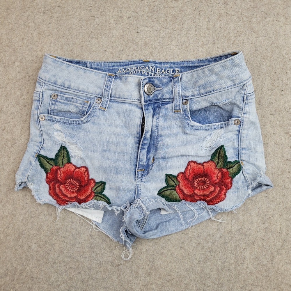 American Eagle Shorts Womens 4 Blue Hi-Rise Shortie‎ Super Stretch Embroidered